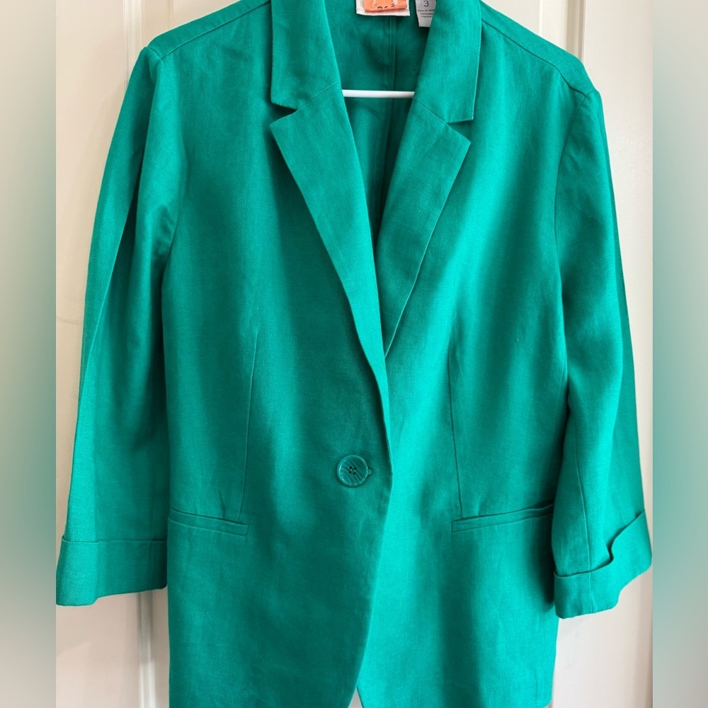 Chico’s Linen Blend Blazer Green Single Button Size L 3